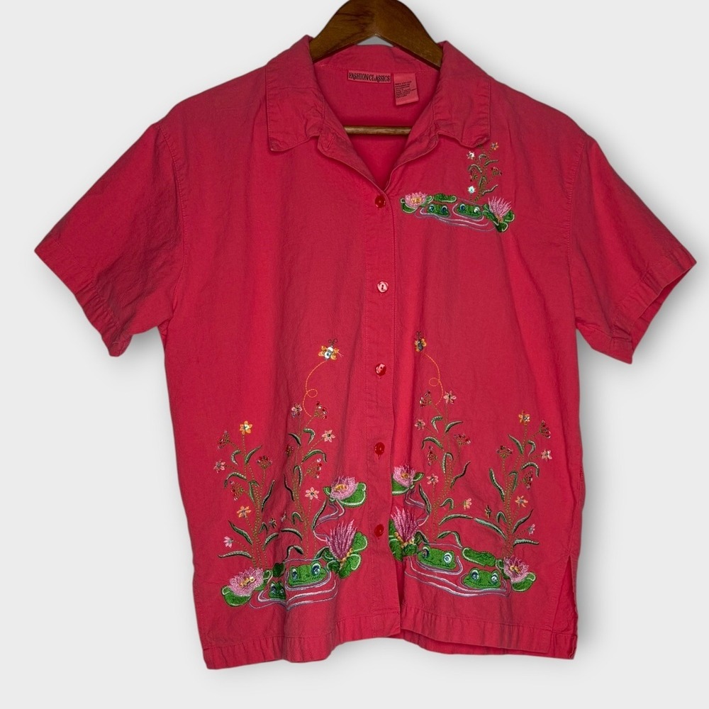 Y2K Whimsical Frog Blouse Embroidery Sequins Beaded Embellished Pink Shirt Large
